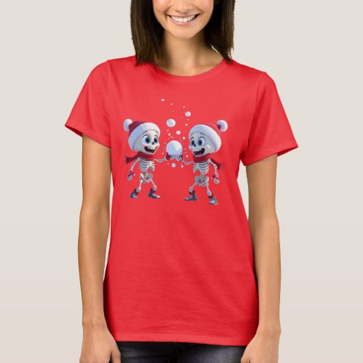 T-shirt Funny Santa Skeletons Having a Snowball Fight (Devant)