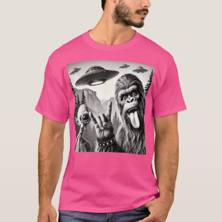T-shirt Funny Sasquatch Bigfoot Rock Sur Selfie Avec Ufo A