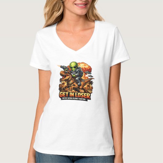 T-shirt Funny Sci-Fi Fantasy Meme Art, Alien Riding Dinosa (Devant)