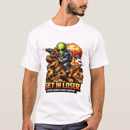 T-shirt Funny Sci-Fi Fantasy Meme Art, Alien Riding Dinosa (Devant)