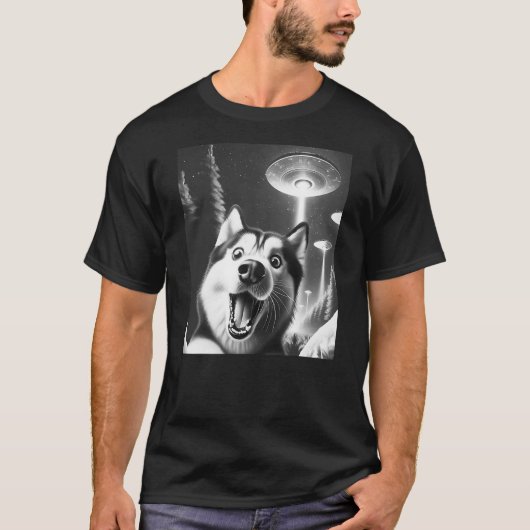 T-shirt Funny Siberian Husky Alien UFO Taking a Selfie Dog (Devant)