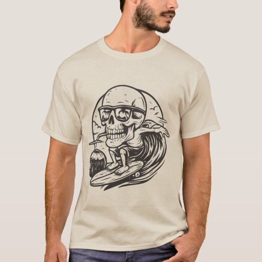 T-shirt Funny Skull Surfing Drinking Coconut Summer Beach  (Devant)