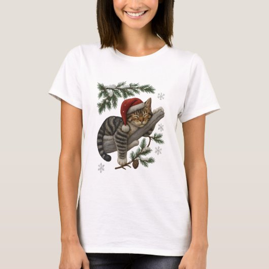 T-shirt Funny Sleeping Christmas Cat with Santa Hat (Devant)