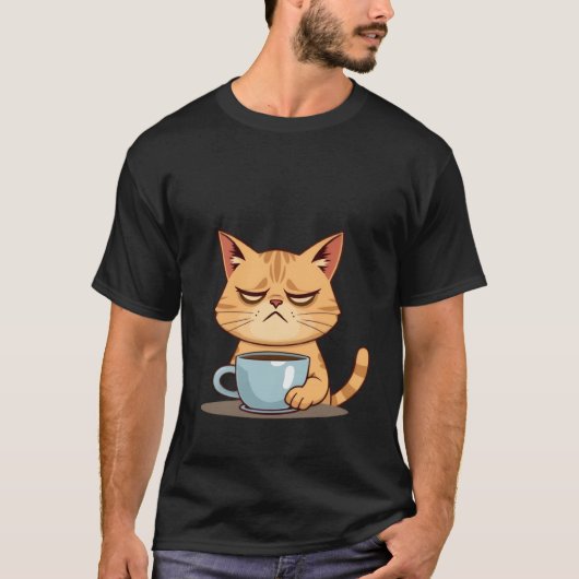 T-shirt Funny Sleepy Ginger Cat Needs Coffee Morning ✨🐾☕ (Devant)