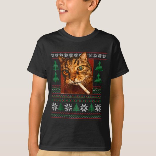 T-shirt Funny Smoking Cat Meme Christmas Ugly (Devant)