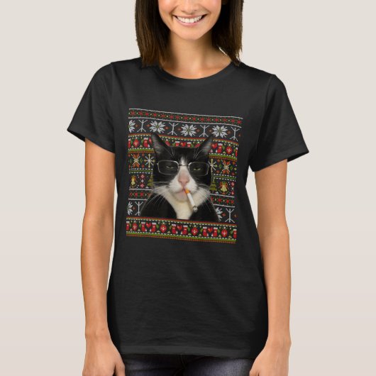 T-shirt Funny Smoking Cat Meme Christmas Ugly Sweater Cat (Devant)