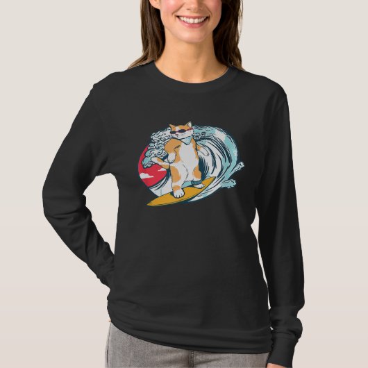 T-shirt Funny Surf Chat Kitty Surfer Surfboard (Devant)
