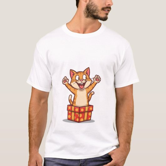 T-shirt Funny Surprised Cat Jumping Out of Gift Box✨🎁 (Devant)