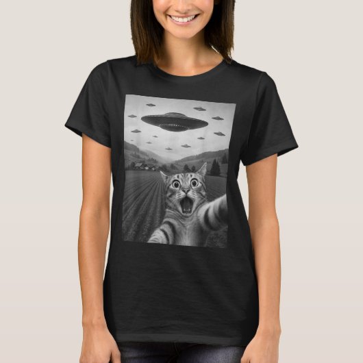 T-shirt Funny Surprised Ed Cat Selfie With Alien Ufo Cat U (Devant)