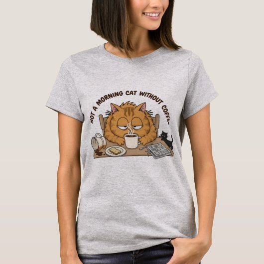 T-shirt Funny Tired Orange Cat Breakfast Illustration (Devant)