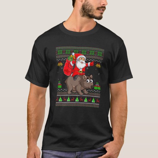 T-shirt Funny Ugly Xmas Père Noël équitation Wombat Noël (Devant)