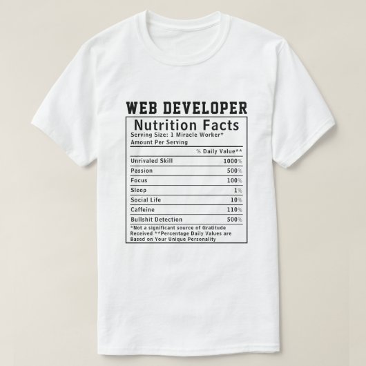 T-shirt Funny Web Developer Nutrition Facts Coding Life  (Design devant)