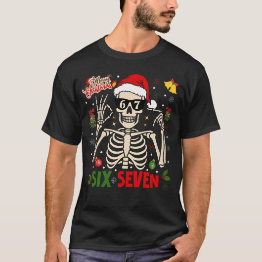 T-shirt Funny Xmas 67 Skeleton Six Seven Christmas Lights (Devant)