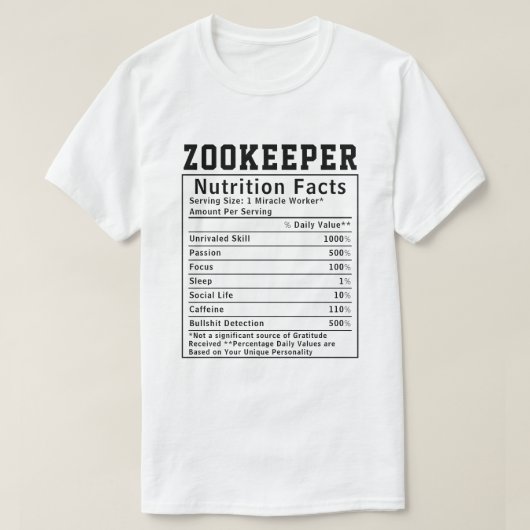 T-shirt Funny Zookeeper Nutrition Facts Personnel employé (Design devant)