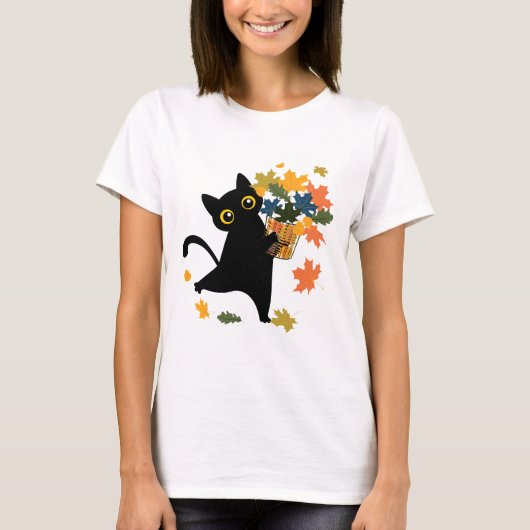 T-shirt fuuny black Cat Leaf Fall Hello Autumn (Devant)
