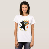 T-shirt fuuny black Cat Leaf Fall Hello Autumn (Devant entier)