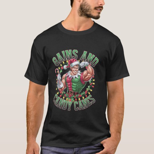 T-shirt Gains and Candy Canes Funny Christmas Elf Gym Work (Devant)