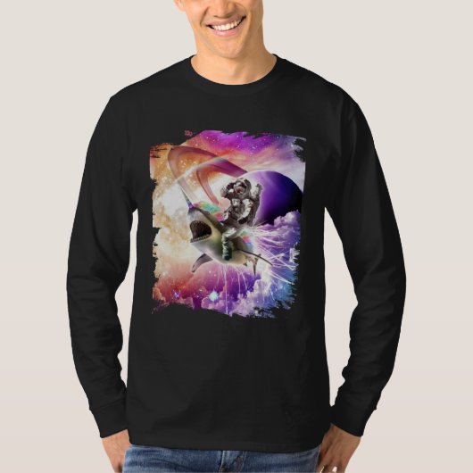 T-shirt Galaxy Astronaut Cat Riding Rainbow Shark Unicorn (Devant)