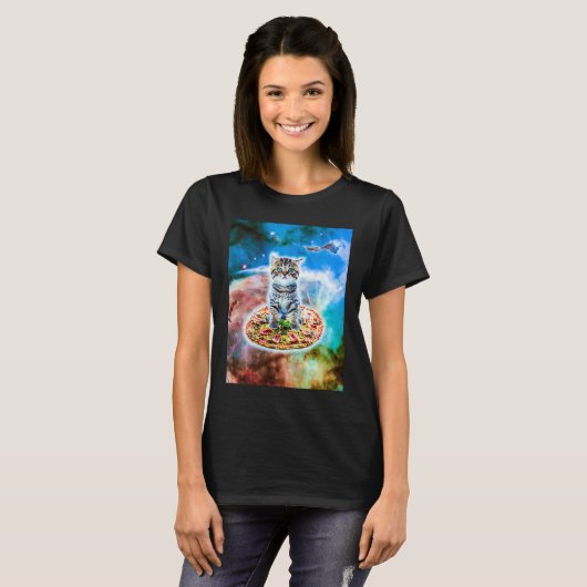 T-shirt Galaxy Kitty Cat Riding Pizza In Space (Devant entier)