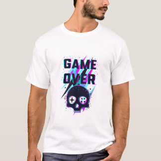 T-Shirt Game Over Crâne Gamer Neon Rétro 80 Glitc