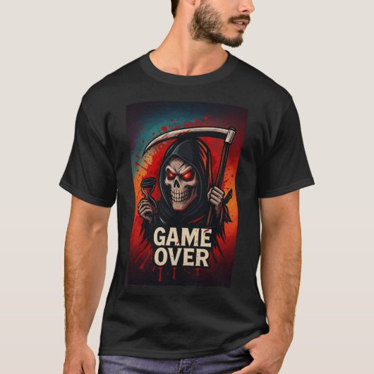 T-shirt Game Over Grim Reaper Skull – Dark Horror Gaming  (Devant)
