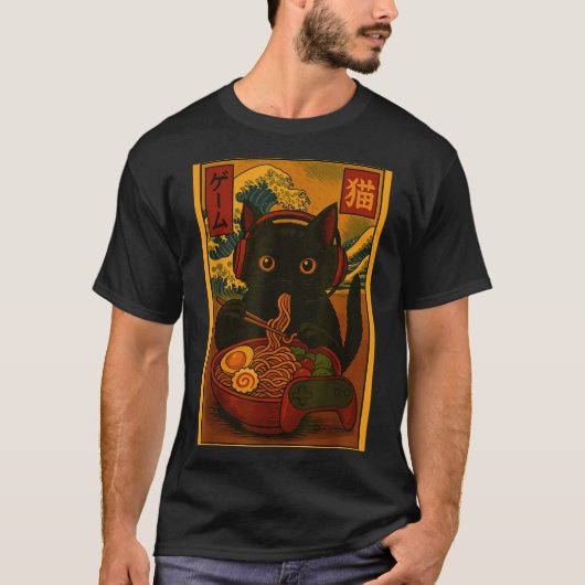 T-shirt Gamer Cat Eating Ramen Japanese Style (Devant)