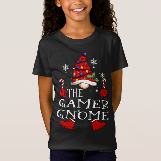 T-Shirt Gamer Gnome Red Plaid Correspondant Famille Noël P (Devant)
