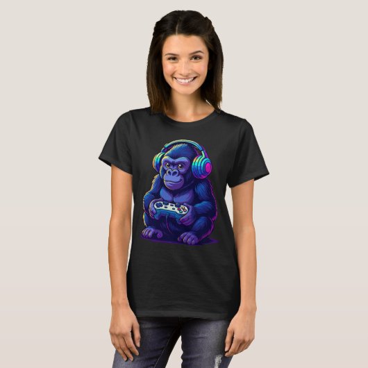 T-shirt Gamer Gorilla with Headphones — Neon Gaming Vibes (Devant entier)