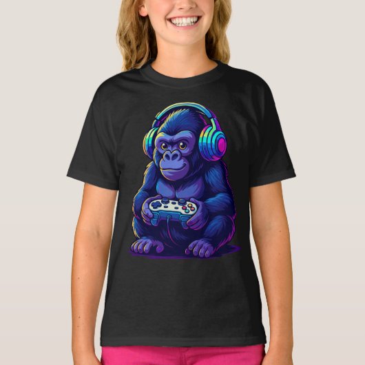 T-shirt Gamer Gorilla with Headphones — Neon Gaming Vibes (Devant)