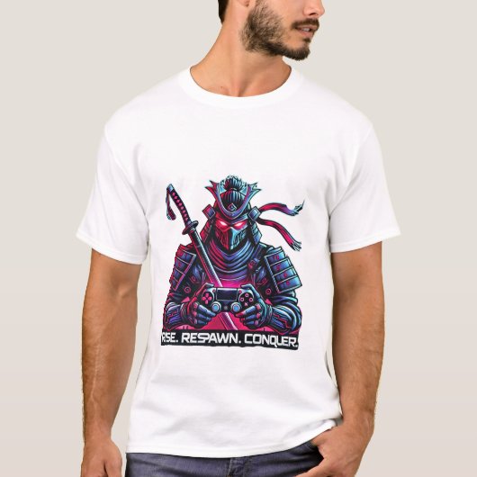 T-shirt Gamer Samurai - Lever, Respawn, Conquer Cyberpunk (Devant)