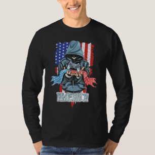 T-shirt Gamer Tenant Le Joystick Et L'Amérique Drapeau 4èm