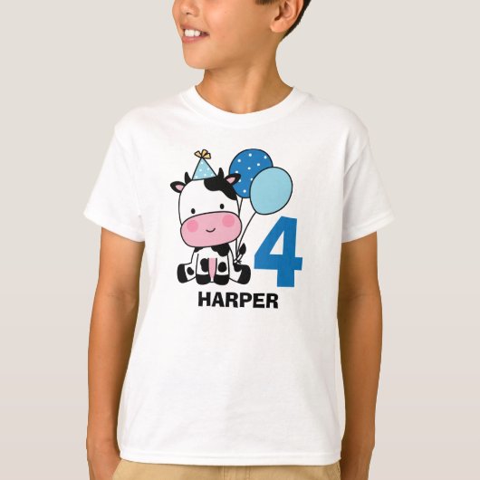 T-shirt Garçon 4e anniversaire Vache Bleu Ballons Personna (Devant)