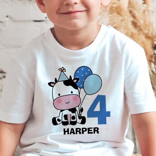T-shirt Garçon 4e anniversaire Vache Bleu Ballons Personna