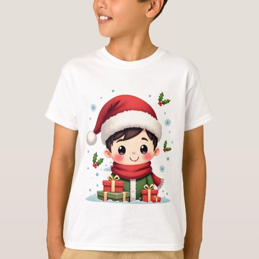 T-shirt Garçon aigu de Noël avec cadeaux et Père Noël (Devant)