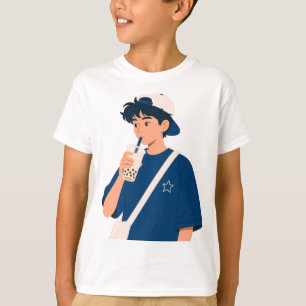 T-shirt Garçon Anime Mignon Buvant du Bubble Tea