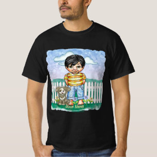 T-shirt garçon aux cheveux noirs et chien