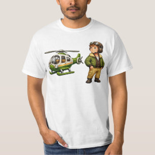 T-shirt Garçon Pilote d'Hélicoptère Rétro avec Chopper Vin