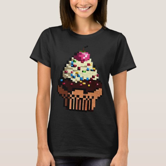 T-shirt Gâteau Pixel 8 bits Rétro Manger Byte Jeu Cupcake  (Devant)
