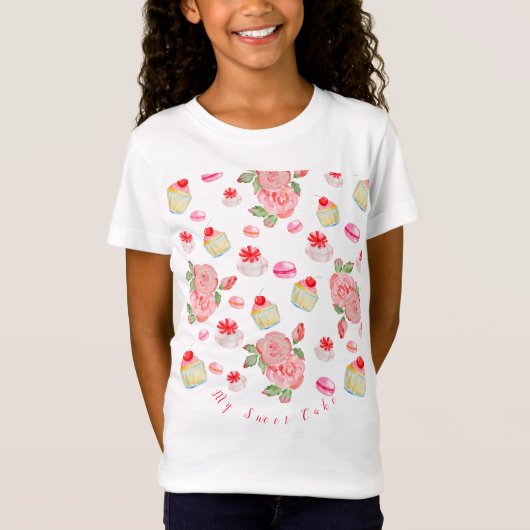 T-Shirt Gâteaux sucrés et roses en aquarelle (Devant)