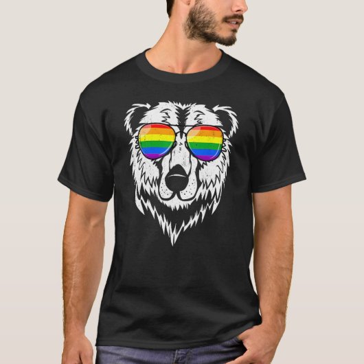 T-shirt Gay Bear LGBTQ Rainbow Sunglasses Pride Flag Trans (Devant)