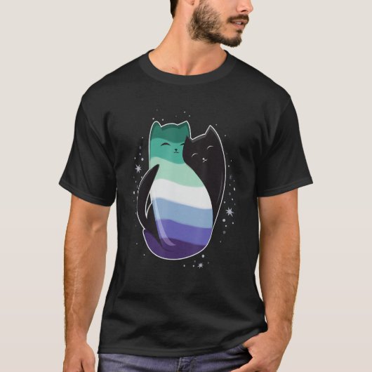 T-shirt Gay Man Cat Flag LGBT Male Black Yin Yang Cat LGBT (Devant)