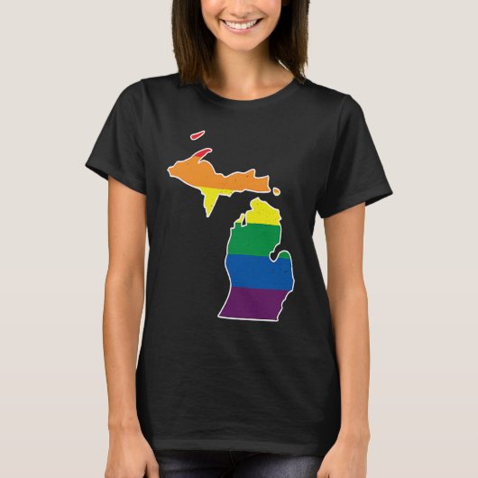 T-shirt Gay Pride Flag  Michigan State Map  Rainbow Stripe (Devant)
