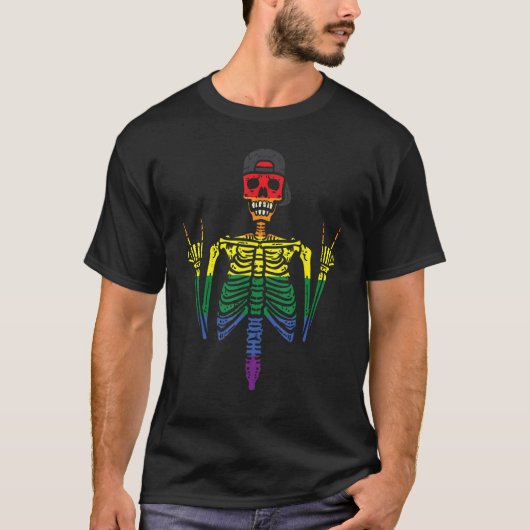 T-shirt Gay Skeleton Rock Rainbow Pride Flag Lgbt Rocker B (Devant)