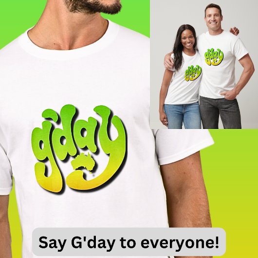 T-shirt G'DAY avec l'Australie Carte Vert Or sur Blanc