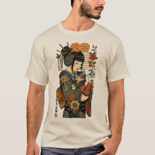 T-shirt Geisha et Cat - Floral japonais