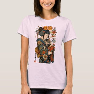 T-shirt Geisha et Cat - Floral japonais