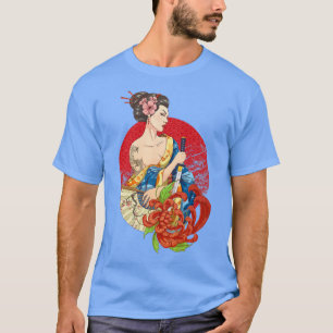 T-shirt Geisha Girl Katana Sword and Tattoo of Dragon Japa