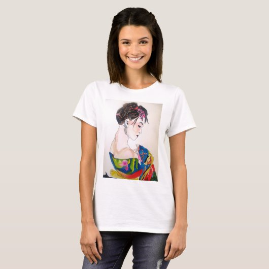 T-shirt Geisha japonais avec kimono bleu (Devant entier)
