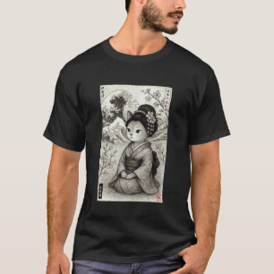 T-shirt Géisha Mignonne Chat Japonais Vague Kanagawa Ukiyo
