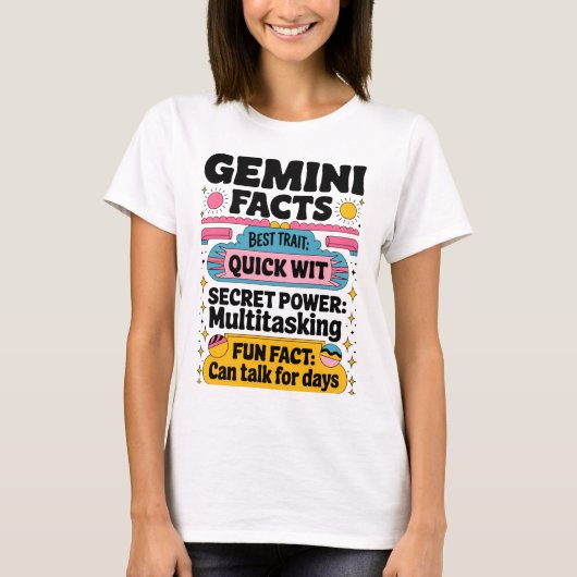 T-shirt Gemini Facts : Quick Wit, Multitâche et Endless (Devant)